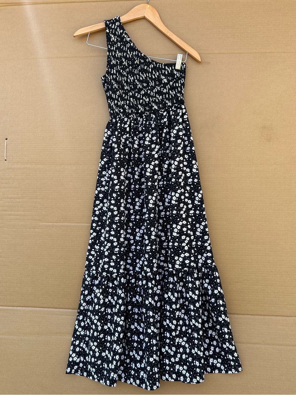 Floral One Shoulder Maxi Dress Smocked Tiered Small Black romantic Garden Party